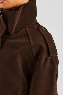 Women CLO-TOP-OUT Ladies Faux Suede Cropped Trench Coat - Chocolate