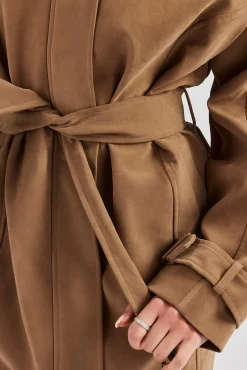 Women CLO-TOP-OUT Ladies Faux Suede Trench Coat - Tan