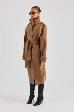 Women CLO-TOP-OUT Ladies Faux Suede Trench Coat - Tan