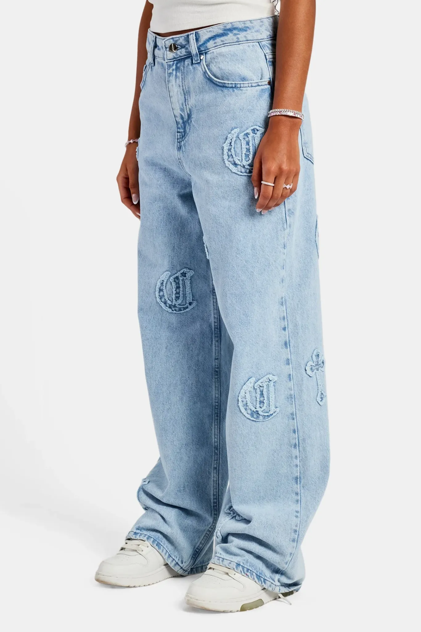 Women CLO-BOT-DEN Ladies Raw Edge Applique Cross Baggy Jean - Ice Blue