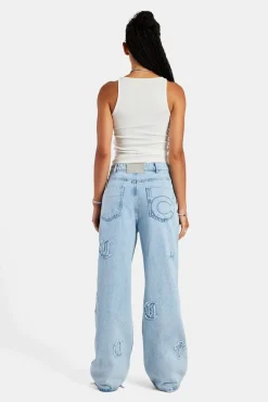 Women CLO-BOT-DEN Ladies Raw Edge Applique Cross Baggy Jean - Ice Blue