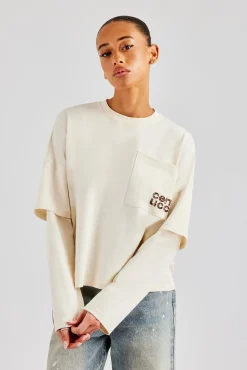Women CLO-TOP-TEE Layered Long Sleeve Glitter Applique T-Shirt - Off White