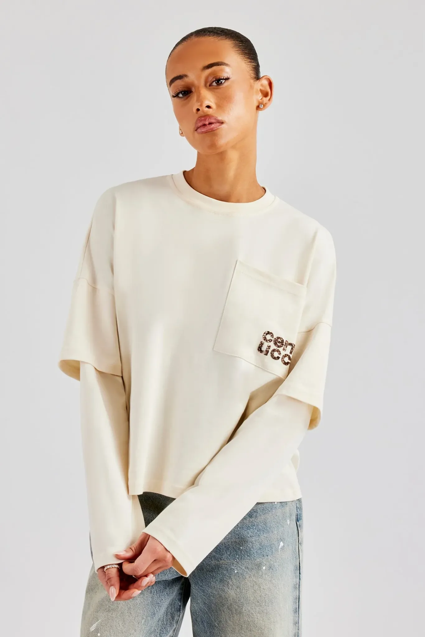 Women CLO-TOP-TEE Layered Long Sleeve Glitter Applique T-Shirt - Off White