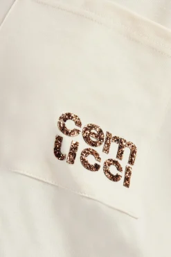 Women CLO-TOP-TEE Layered Long Sleeve Glitter Applique T-Shirt - Off White