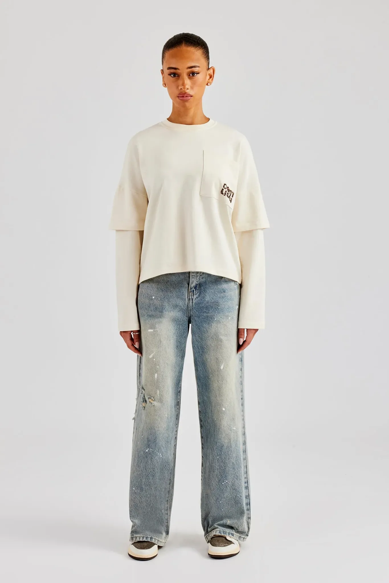 Women CLO-TOP-TEE Layered Long Sleeve Glitter Applique T-Shirt - Off White