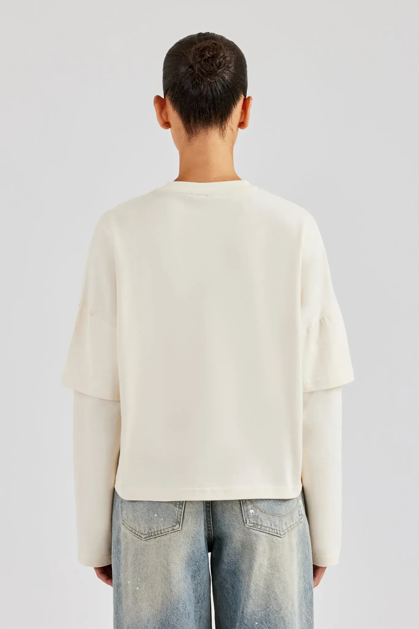 Women CLO-TOP-TEE Layered Long Sleeve Glitter Applique T-Shirt - Off White
