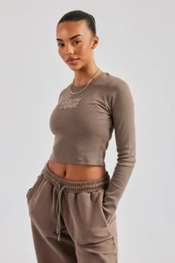 Women CLO-TOP-TEE Long Sleeve Applique T-Shirt - Chocolate