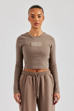 Women CLO-TOP-TEE Long Sleeve Applique T-Shirt - Chocolate