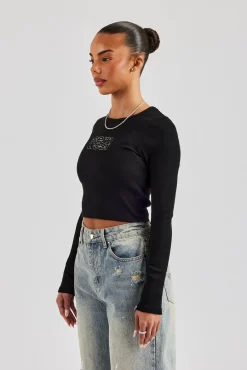 Women CLO-TOP-TEE Long Sleeve Applique T-Shirt - Black