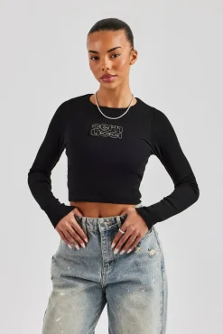 Women CLO-TOP-TEE Long Sleeve Applique T-Shirt - Black