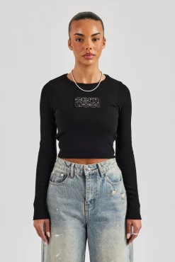 Women CLO-TOP-TEE Long Sleeve Applique T-Shirt - Black