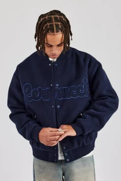 CLO-TOP-OUT Melton Embroidered Bomber Jacket - Navy Blue