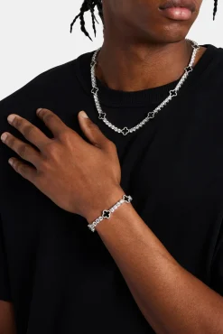 JWL-BUND Mens Black Motif Tennis Chain + Bracelet - White - 5mm