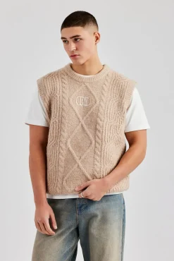 CLO-TOP-HS-SWE-KTW Mens Cable Knit Vest - Stone