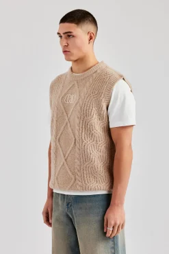 CLO-TOP-HS-SWE-KTW Mens Cable Knit Vest - Stone