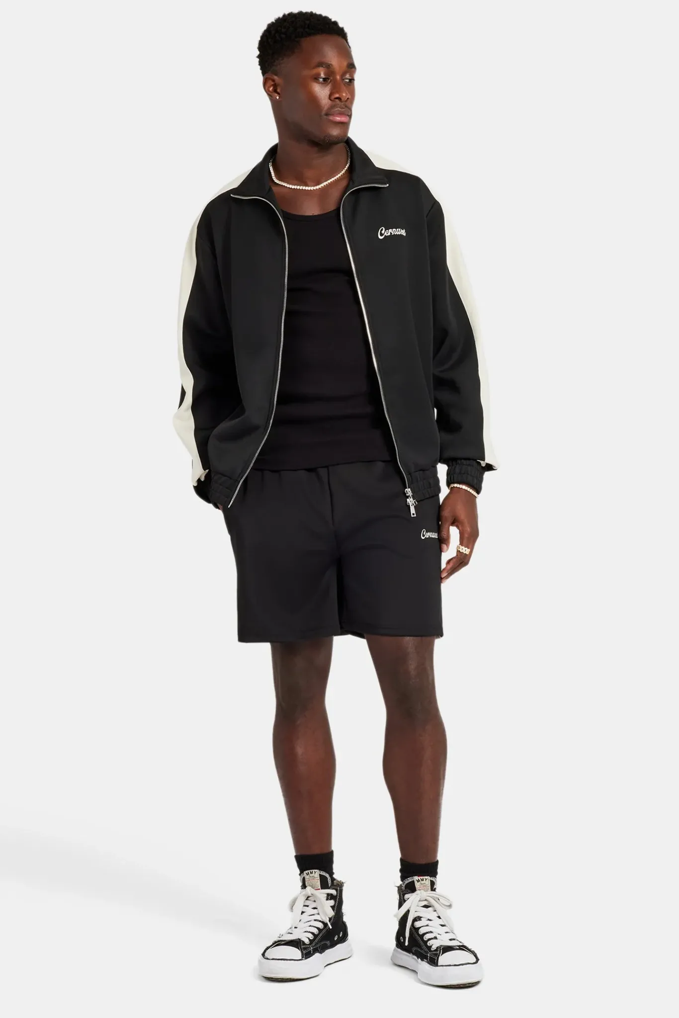 CLO-SET Mens Contrast Panel Track Jacket & Short Set - Black