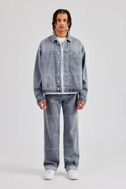 CLO-SET-DEN Mens Contrast Stitch Denim Jacket & Turn Up Jean - Washed Grey
