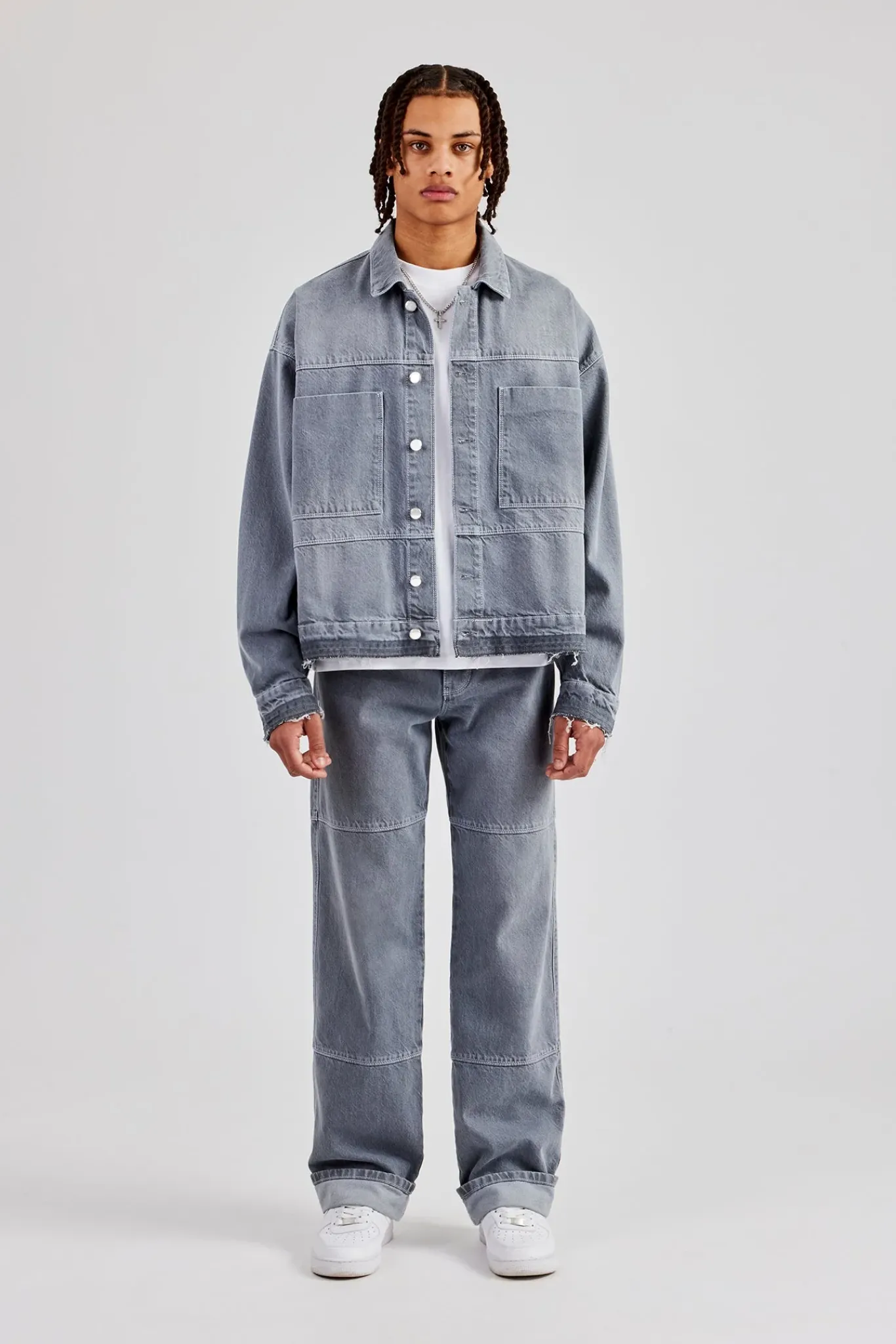 CLO-SET-DEN Mens Contrast Stitch Denim Jacket & Turn Up Jean - Washed Grey