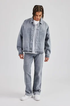 CLO-SET-DEN Mens Contrast Stitch Denim Jacket & Turn Up Jean - Washed Grey
