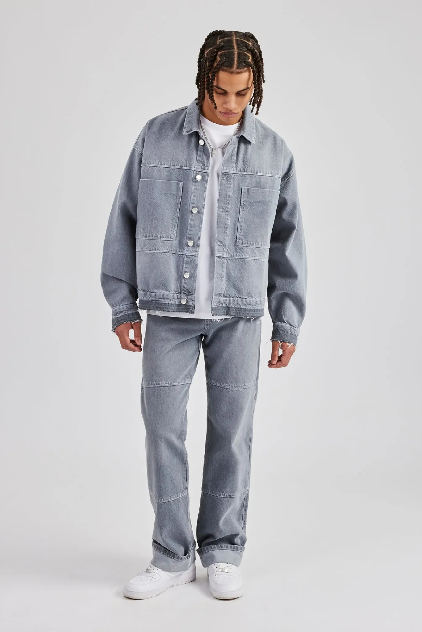 CLO-SET-DEN Mens Contrast Stitch Denim Jacket & Turn Up Jean - Washed Grey