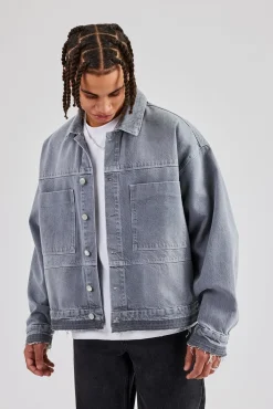 CLO-TOP-OUT Mens Contrast Stitch Denim Jacket - Washed Grey