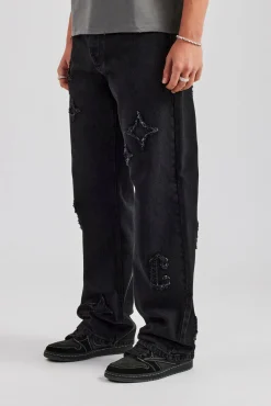 CLO-BOT-DEN Mens Relaxed Fit Applique Denim Jean - Washed Black