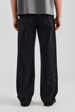 CLO-BOT-DEN Mens Relaxed Fit Applique Denim Jean - Washed Black