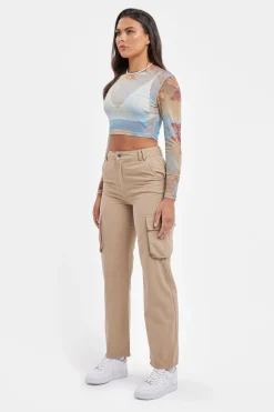 Women CLO-TOP-CROP Mesh Printed Long Sleeve Top - Multi