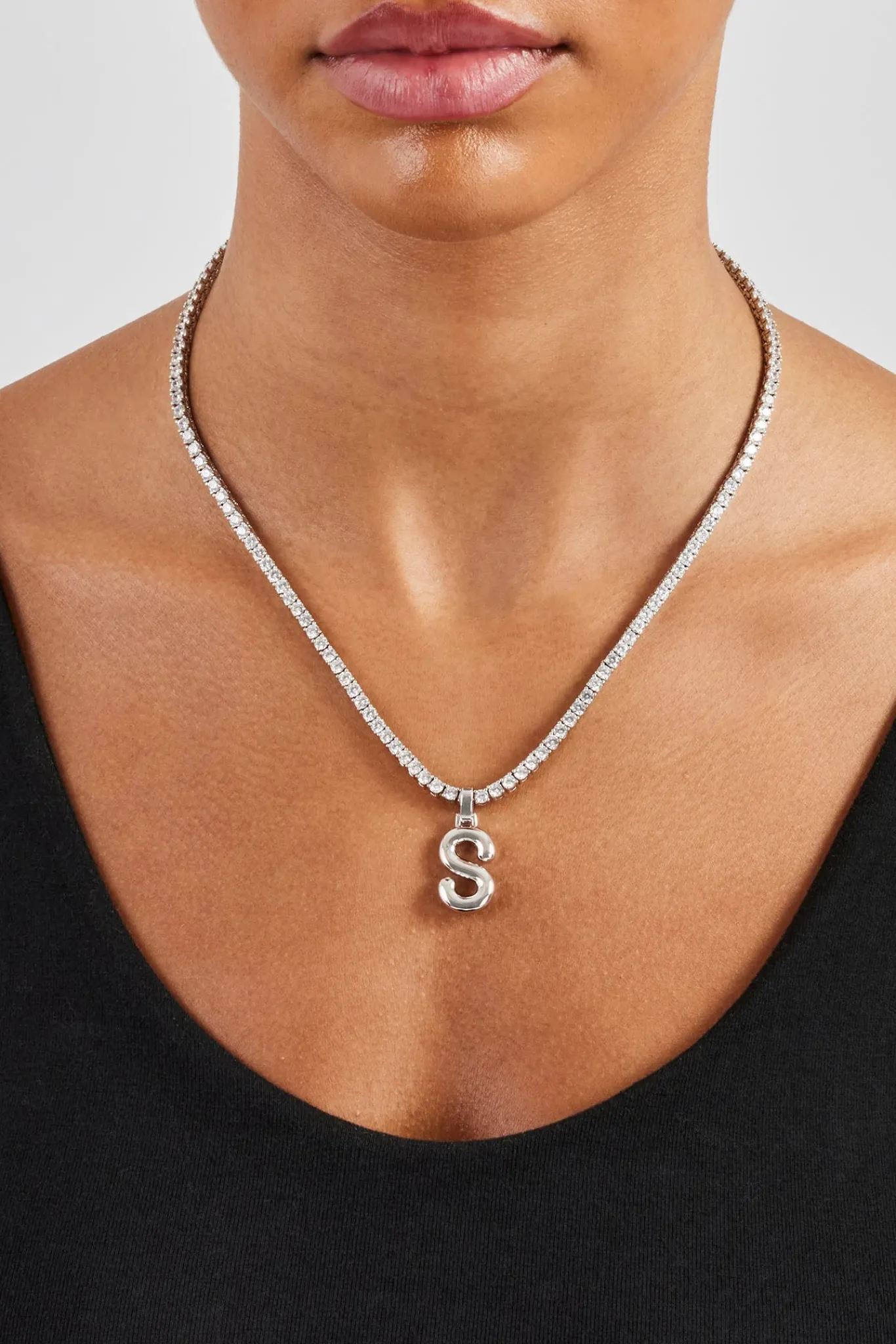 Women JWL-PEND Mini Polished Balloon Letter Pendant & 3mm Tennis Chain - White