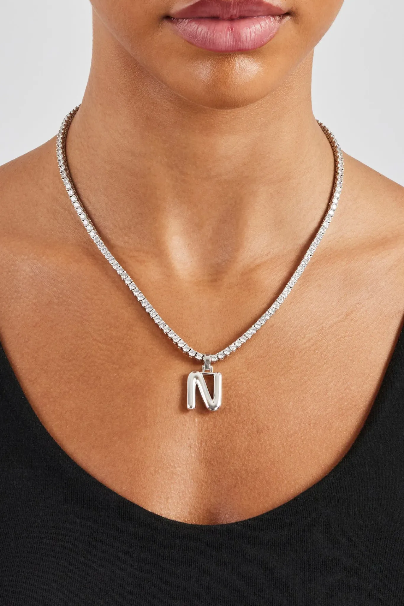 Women JWL-PEND Mini Polished Balloon Letter Pendant & 3mm Tennis Chain - White