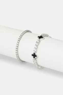 JWL-BUND 5mm Black Motif Tennis Bracelet & 3mm Tennis Bracelet - White