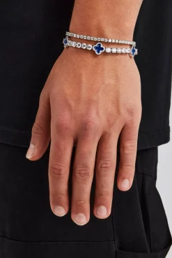 JWL-BUND 5mm Blue Motif Tennis Bracelet & 3mm Tennis Bracelet - White