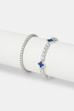 JWL-BUND 5mm Blue Motif Tennis Bracelet & 3mm Tennis Bracelet - White