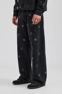 CLO-BOT-DEN Motif Embellished Baggy Fit Jean - Washed Black