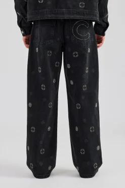 CLO-BOT-DEN Motif Embellished Baggy Fit Jean - Washed Black