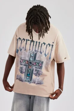 CLO-TOP-TEE Multi Gem Cross Distressed Oversized Graphic T-Shirt - Taupe