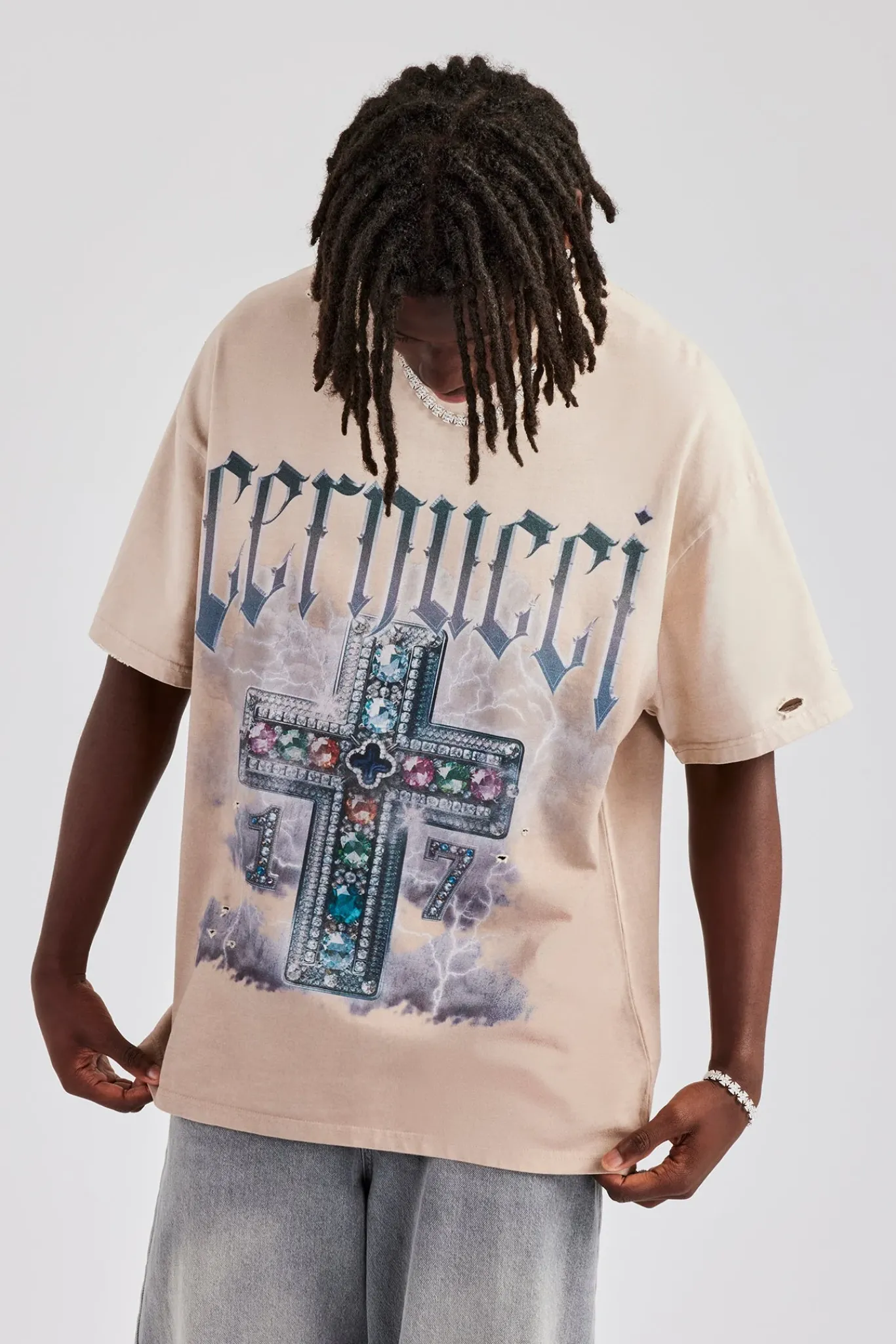 CLO-TOP-TEE Multi Gem Cross Distressed Oversized Graphic T-Shirt - Taupe