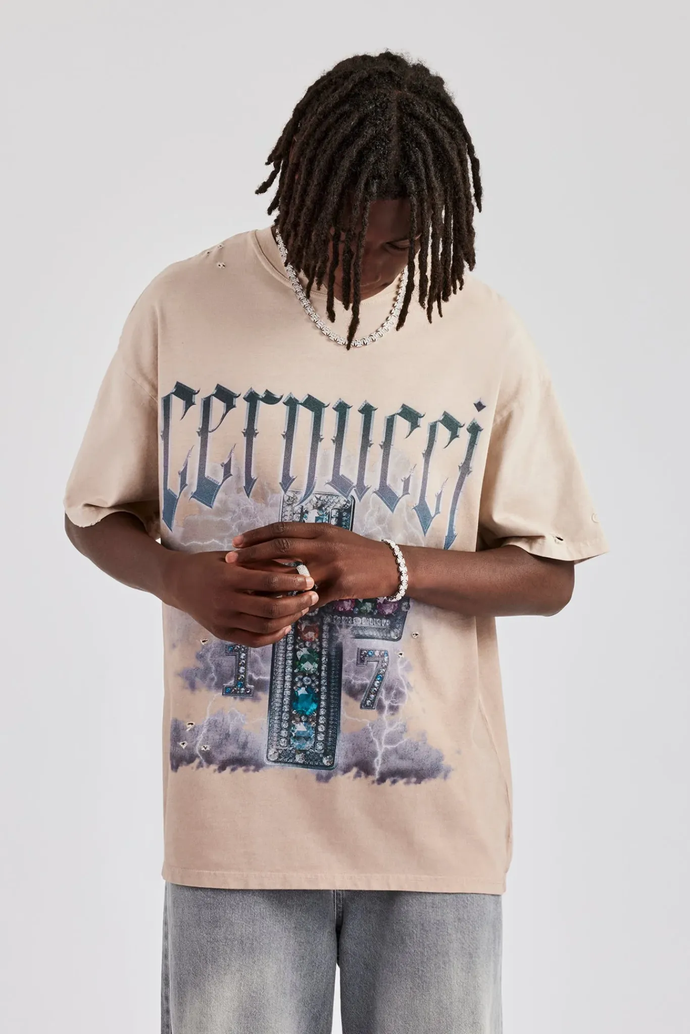 CLO-TOP-TEE Multi Gem Cross Distressed Oversized Graphic T-Shirt - Taupe