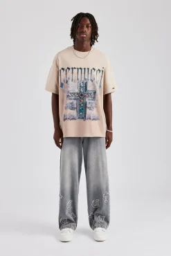 CLO-TOP-TEE Multi Gem Cross Distressed Oversized Graphic T-Shirt - Taupe