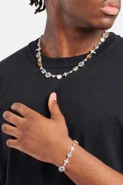 JWL-BUND Multi Gemstone & Cross Chain + Bracelet - White