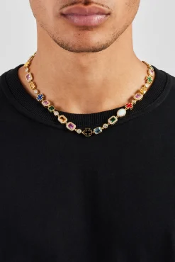 JWL-CHN Multi Gemstone Motif Necklace - Gold