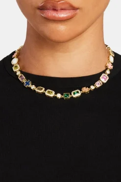 Women JWL-NECK Multi Gemstone Motif Necklace - Gold Pink & Green