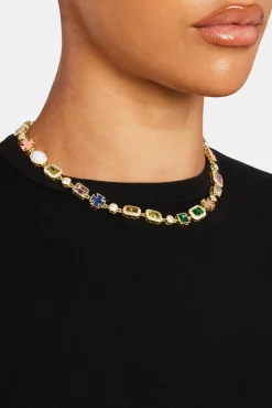 Women JWL-NECK Multi Gemstone Motif Necklace - Gold Pink & Green