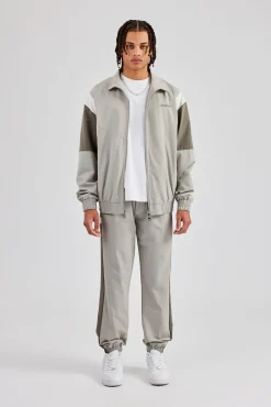 CLO-SET Nylon Colour Block Zip Through Tracksuit - Grey