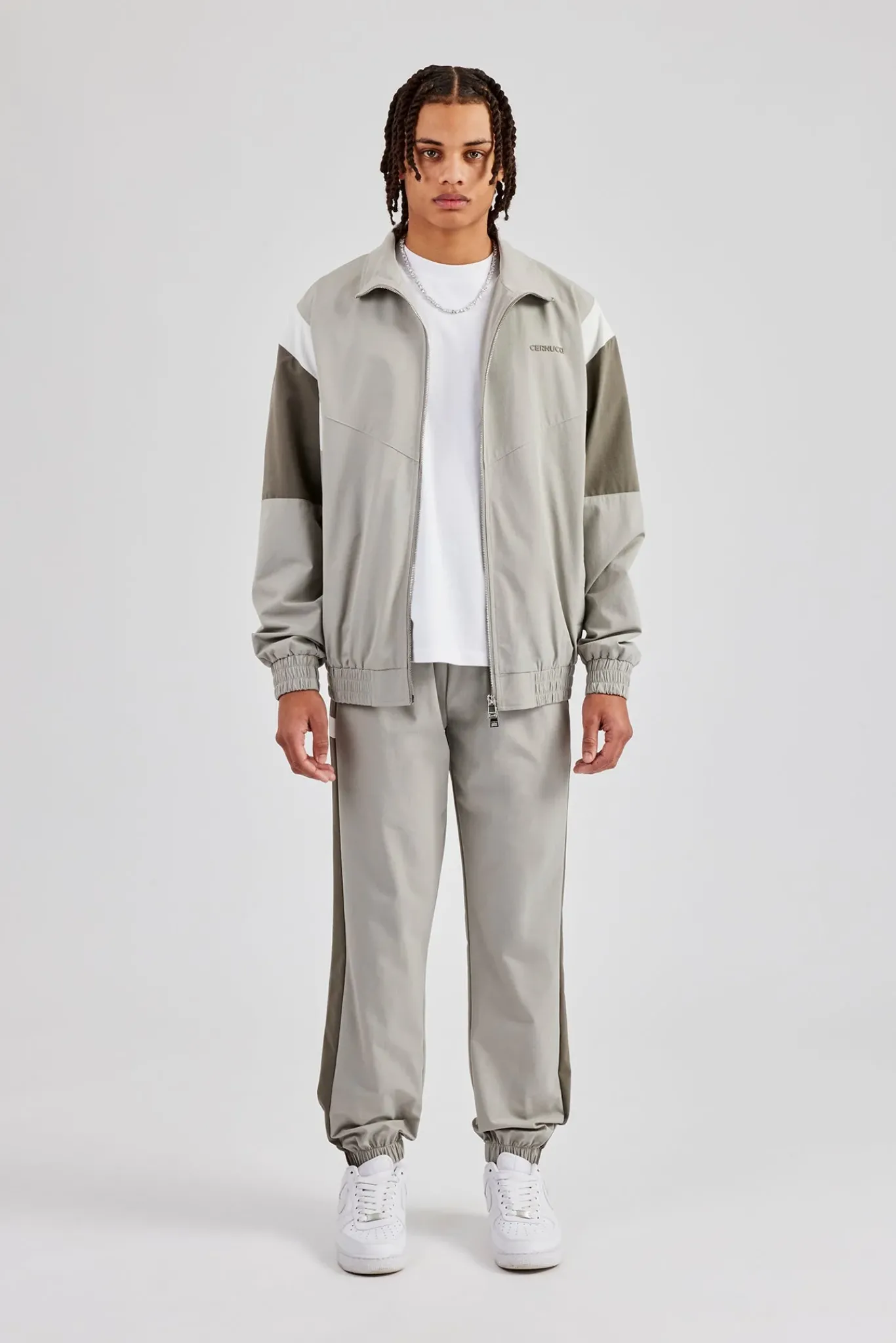 CLO-SET Nylon Colour Block Zip Through Tracksuit - Grey