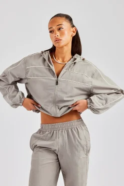 Women CLO-TOP-OUT Nylon Full Zip Through Hooded Jacket - Light Grey