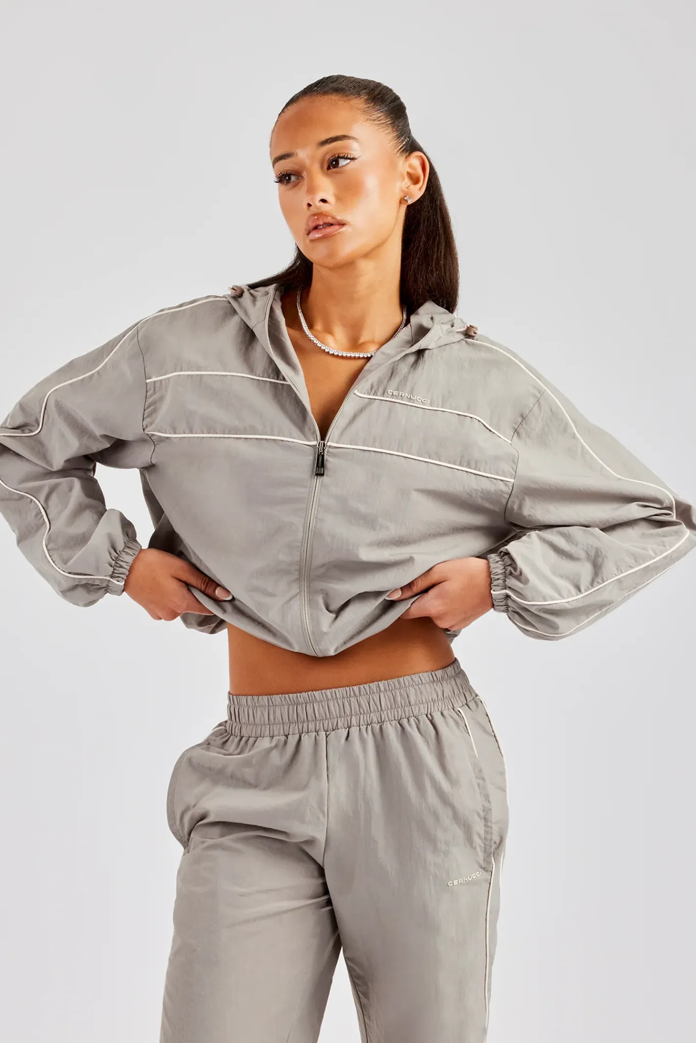 Women CLO-TOP-OUT Nylon Full Zip Through Hooded Jacket - Light Grey