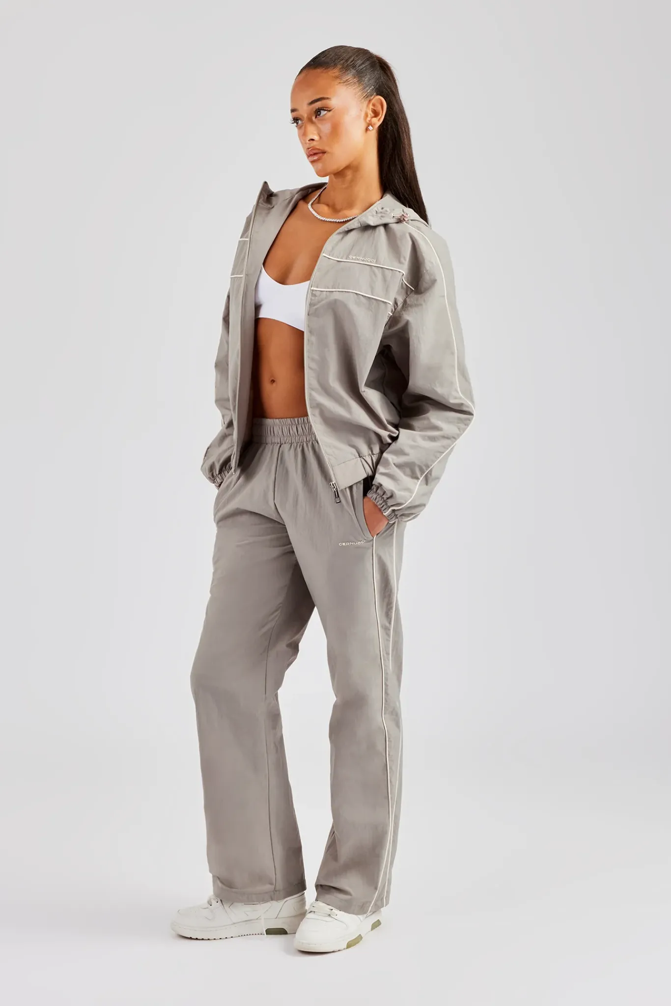 Women CLO-TOP-OUT Nylon Full Zip Through Hooded Jacket - Light Grey