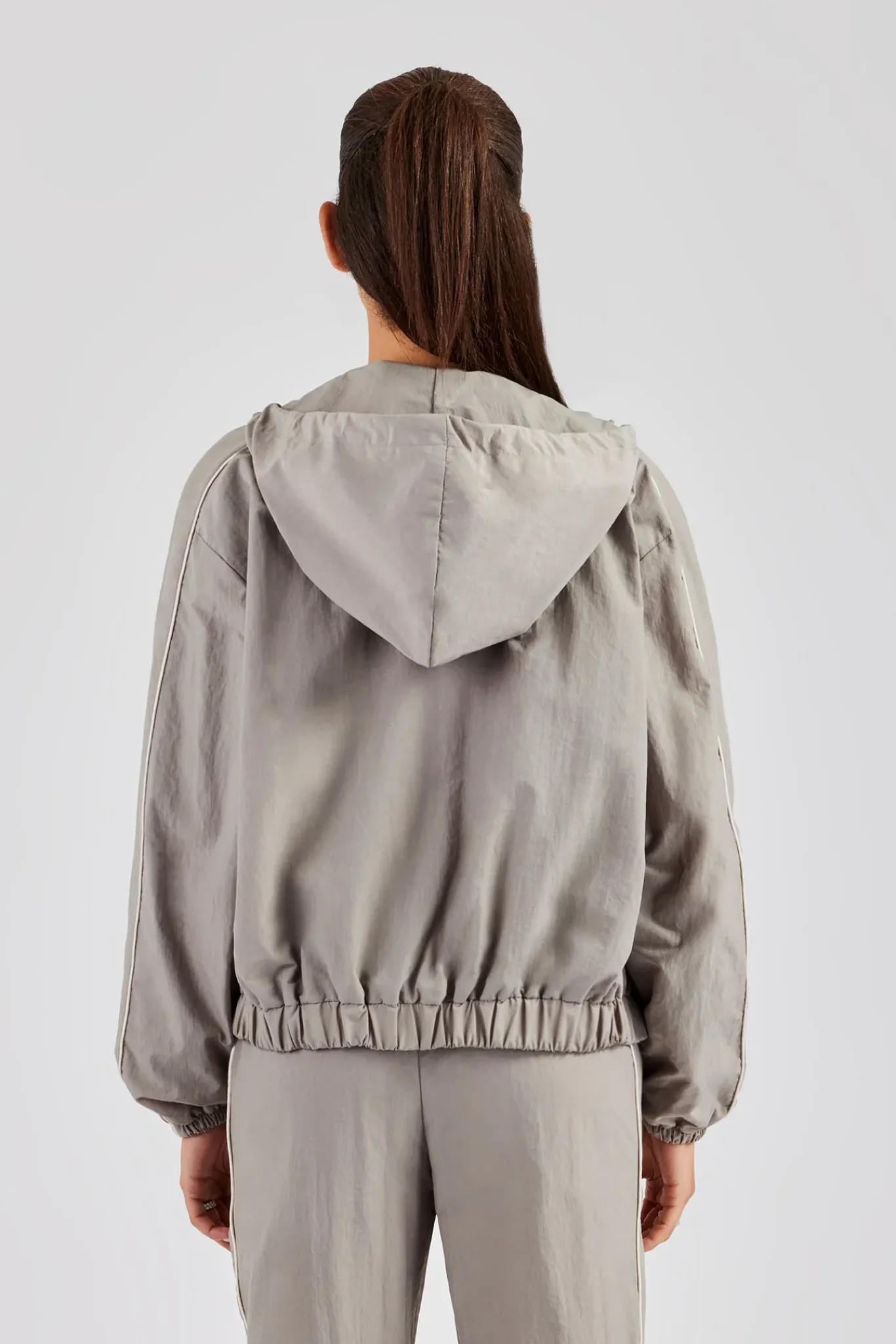 Women CLO-TOP-OUT Nylon Full Zip Through Hooded Jacket - Light Grey