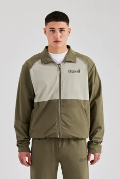 CLO-TOP-OUT Nylon Panel Funnel Neck Track Jacket - Khaki